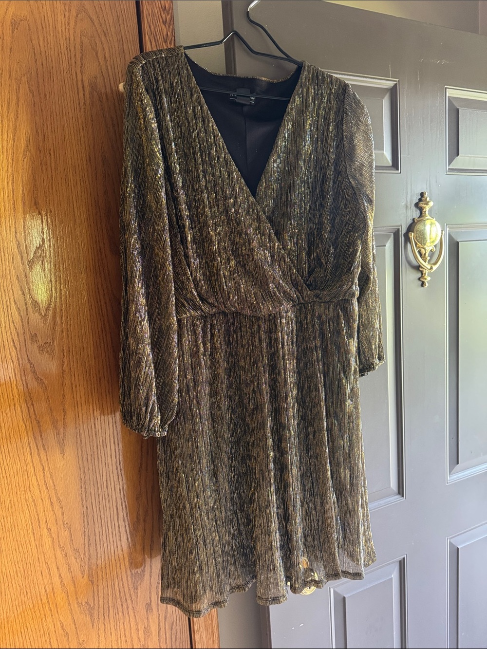 Metallic Olive Green Long Sleeve Wrap Dress
